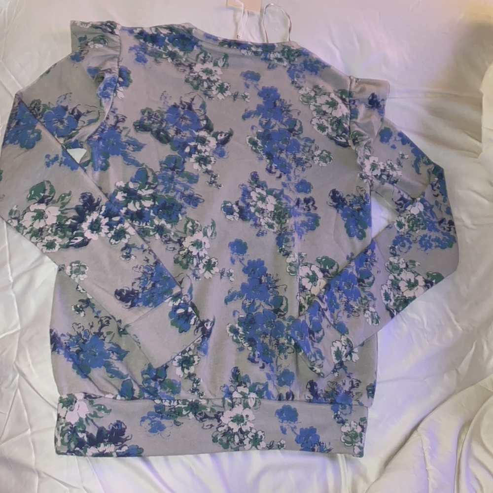 LC Lauren Conrad blue floral longsleeve sweater shirt flutter ruffle sleeve S​ - Picture 9 of 13